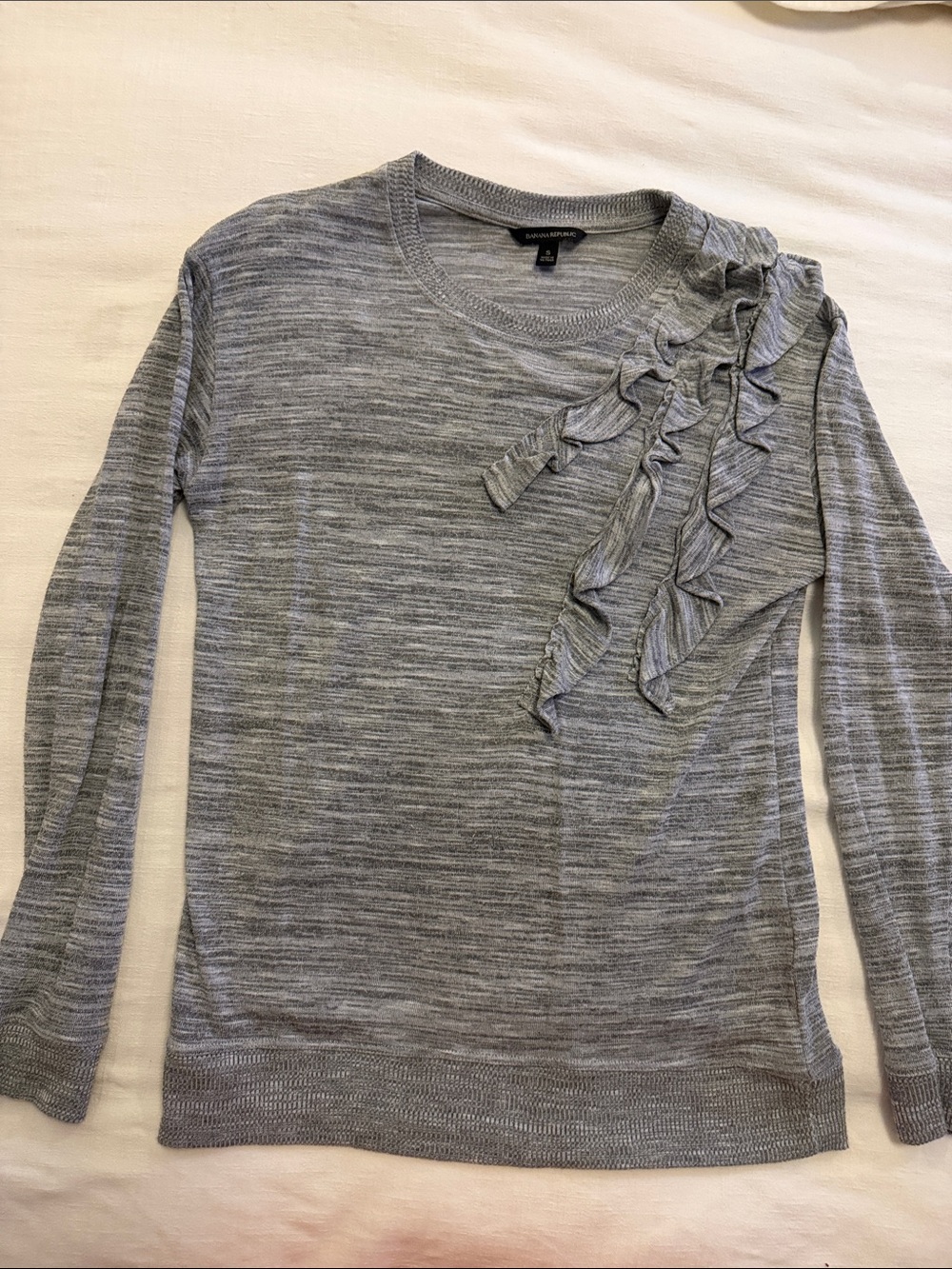 Banana Republic Light Gray Ruffle-Accent Long Sleeve Sweater